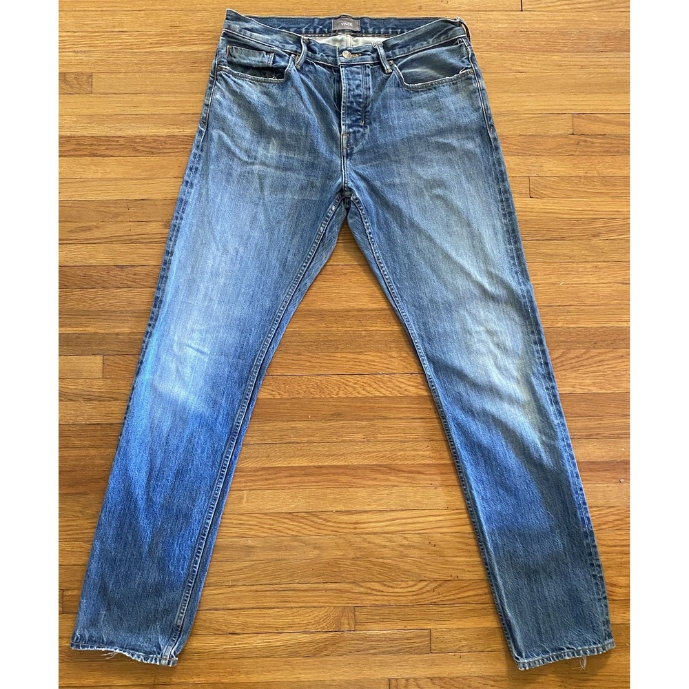 VINCE. Jeans Mens 32x33 Medium Wash USA Made Straight Button Fly Distressed - Picture 1 of 14